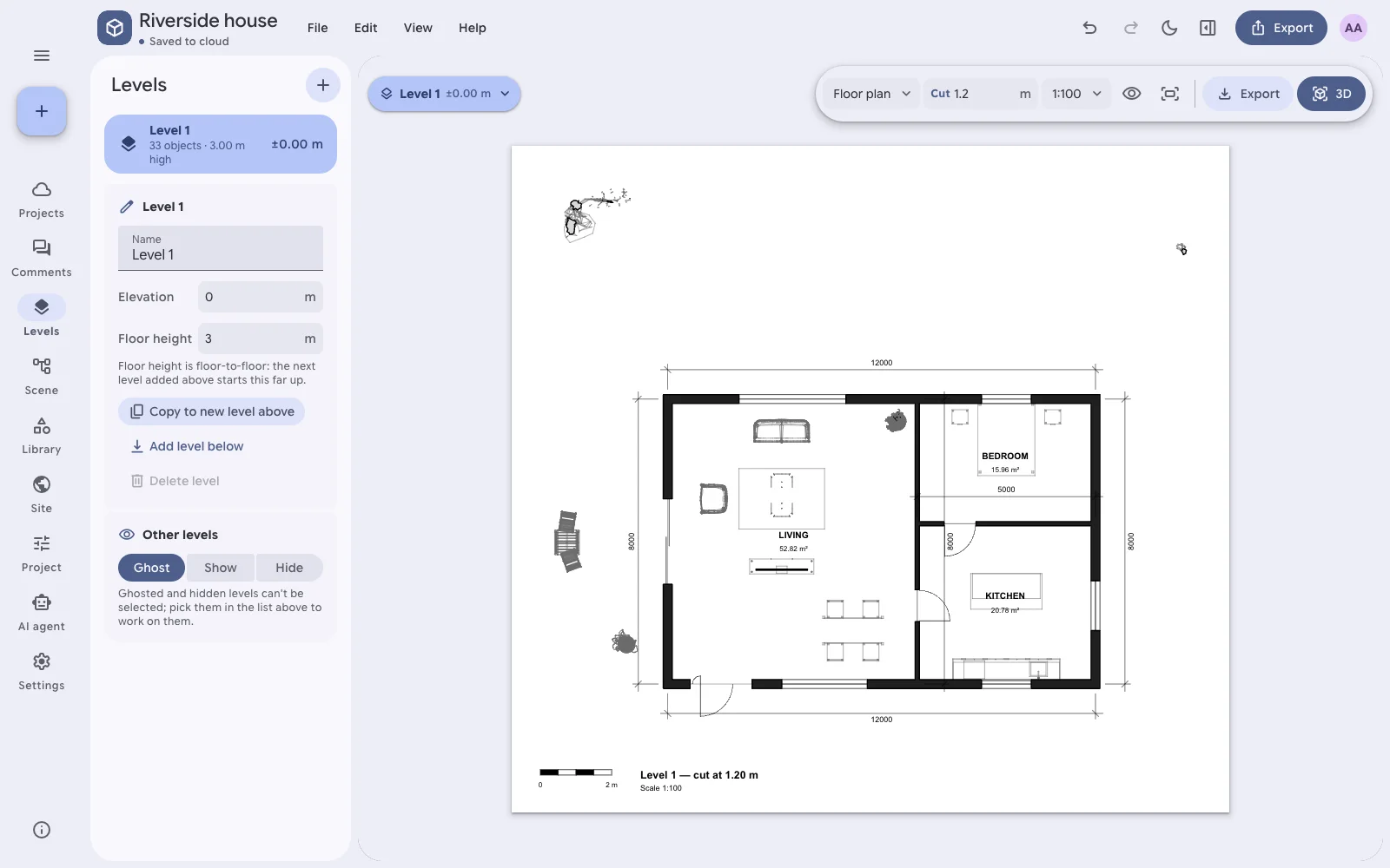 A floor plan with dimensions, drawn from the model