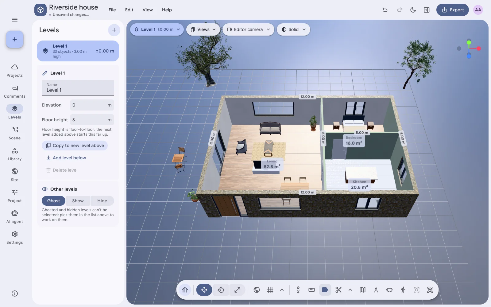 Walls and rooms with their areas in the Stori3D editor